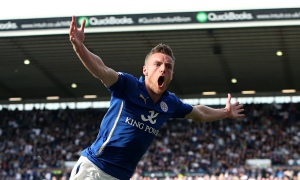Vardy celebrates scoring a goal for Leicester City.